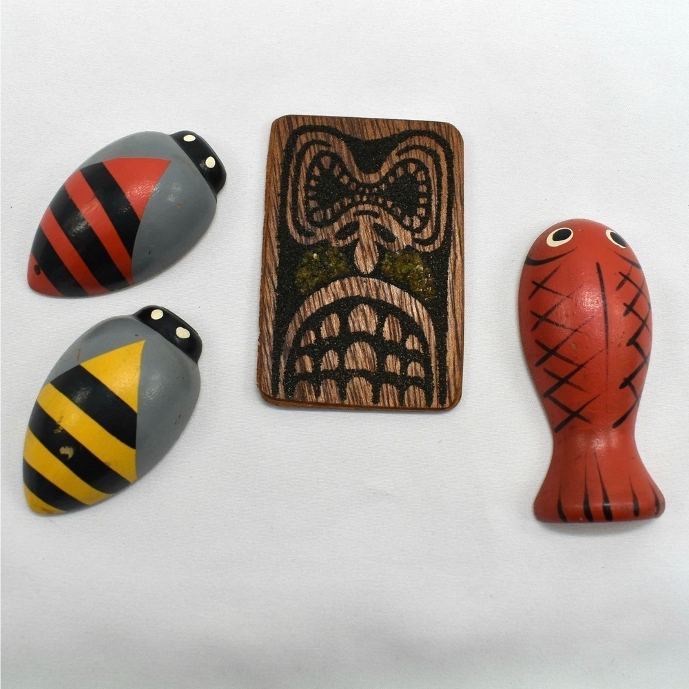 Vintage Lot Wood Painted Refrigerator Magnets Japan Fish Insect Bee Tiki Totem